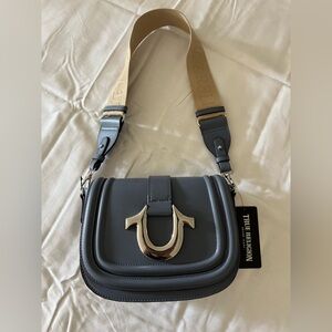 True Religion Blue Crossbody Bag with Tan Strap